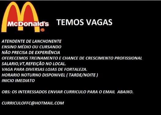 Capturar-4 MacDonald's Seleciona Atendente de Lanchonete (Sem Experiência) Atendente Fortaleza Sem Experiência  