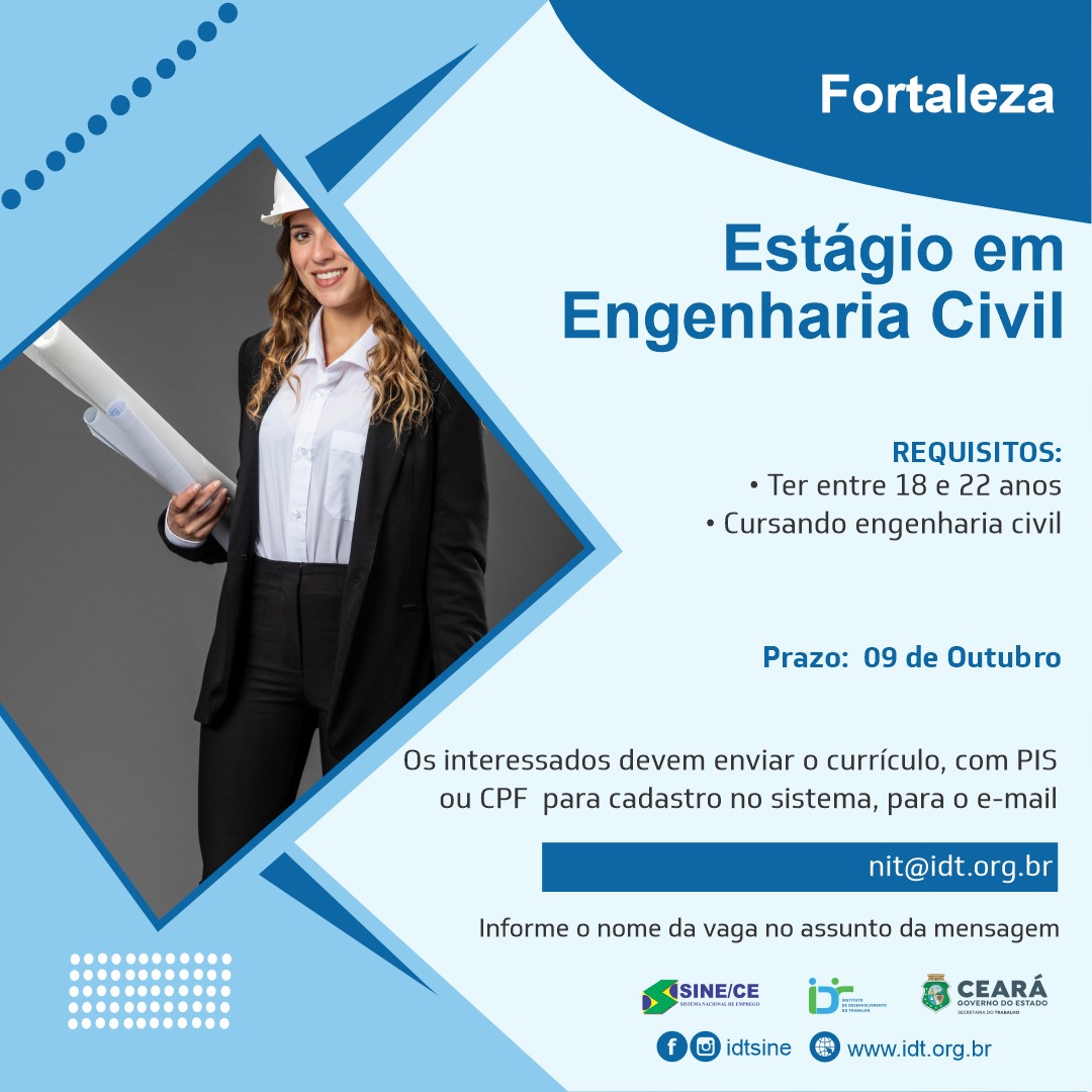 385068981_721596070007132_5759218767360541951_n Sine IDT Recruta Estagiário(a) em Engenharia Civil Até 09/10/23