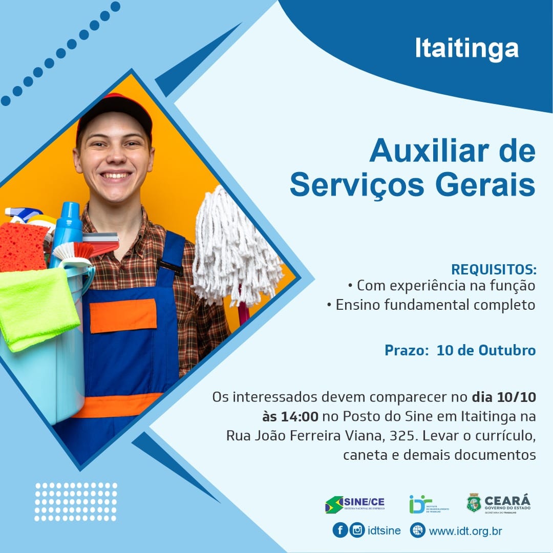 386154903_720507763449296_6251241209584802512_n Sine IDT Seleciona Auxiliar de Serviços Gerais até 10/10/23 Auxiliar de Serviços Gerais Itaitinga  
