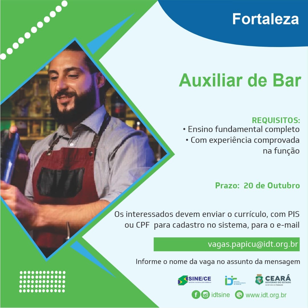 386339318_721093753390697_3997942769922832832_n Sine IDT Recruta Auxiliar de Bar até 20/10/23 Auxiliar de Bar Ensino Médio Fortaleza Maracanaú Restaurante  