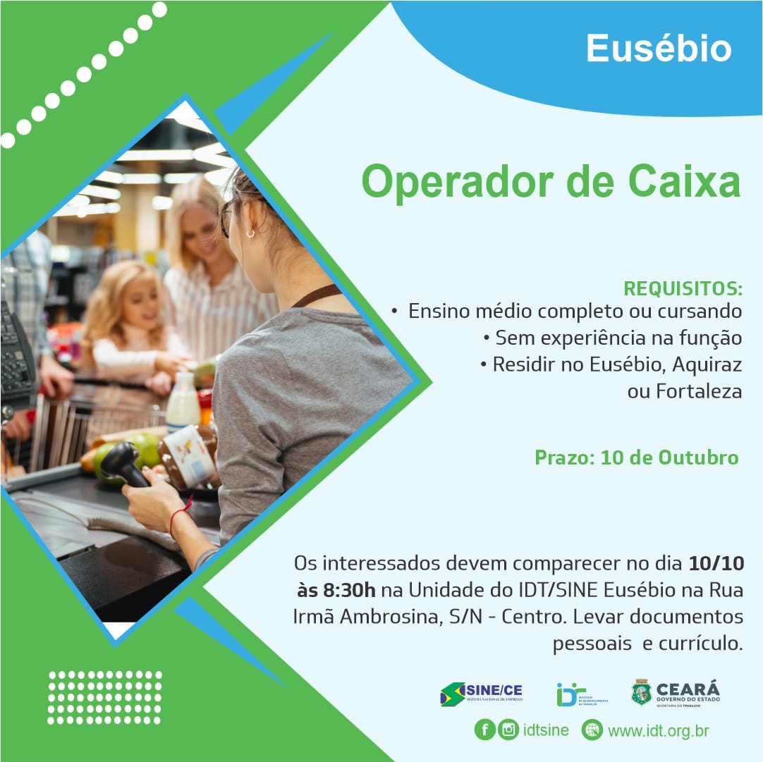 386523889_721655090001230_7025559351070375822_n Sine IDT Seleciona Operador de Caixa até 10/10/23 Eusébio Operador de Caixa  