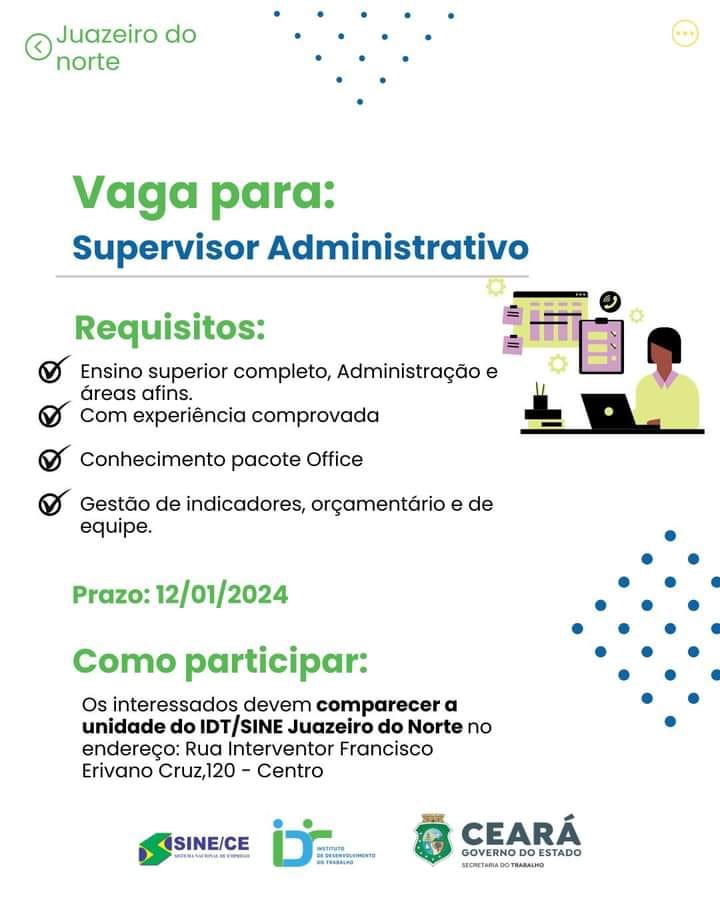 fb_img_17049946323262492300236397594543 Sine IDT Seleciona Supervisor Administrativo em Juazeiro do Norte até 12/01/24 Juazeiro do Norte Supervisor  