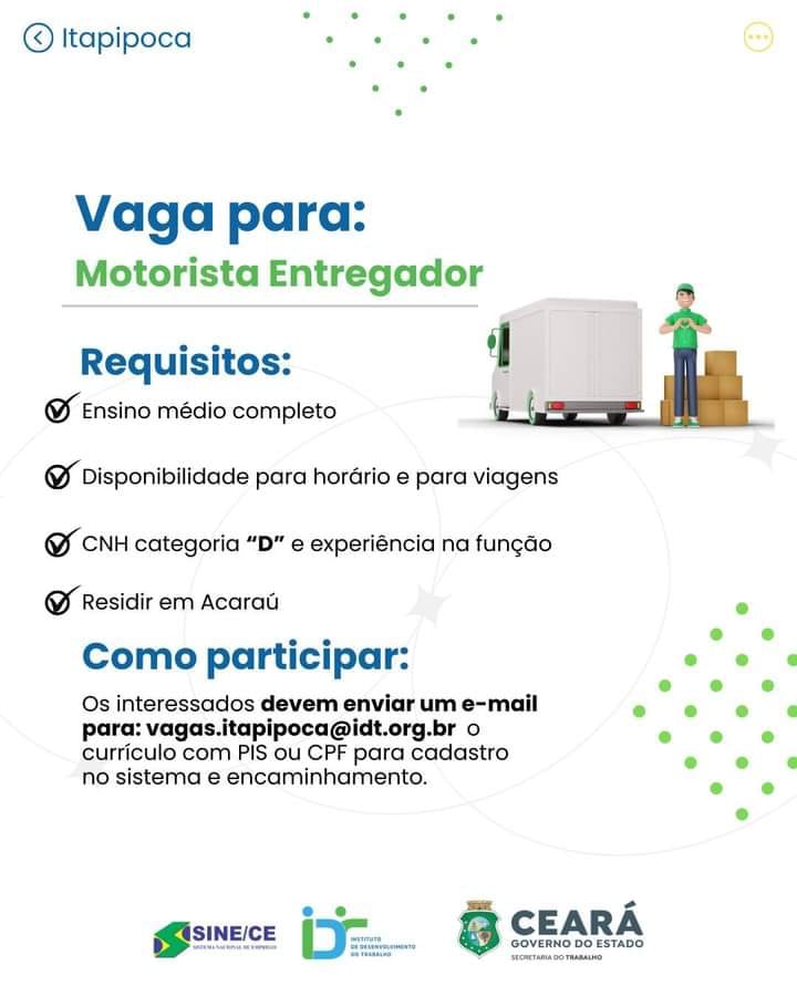 fb_img_17049947058807652526213288519669 Sine IDT Seleciona Motorista Entregador (Itapipoca) Itapipoca Motorista  