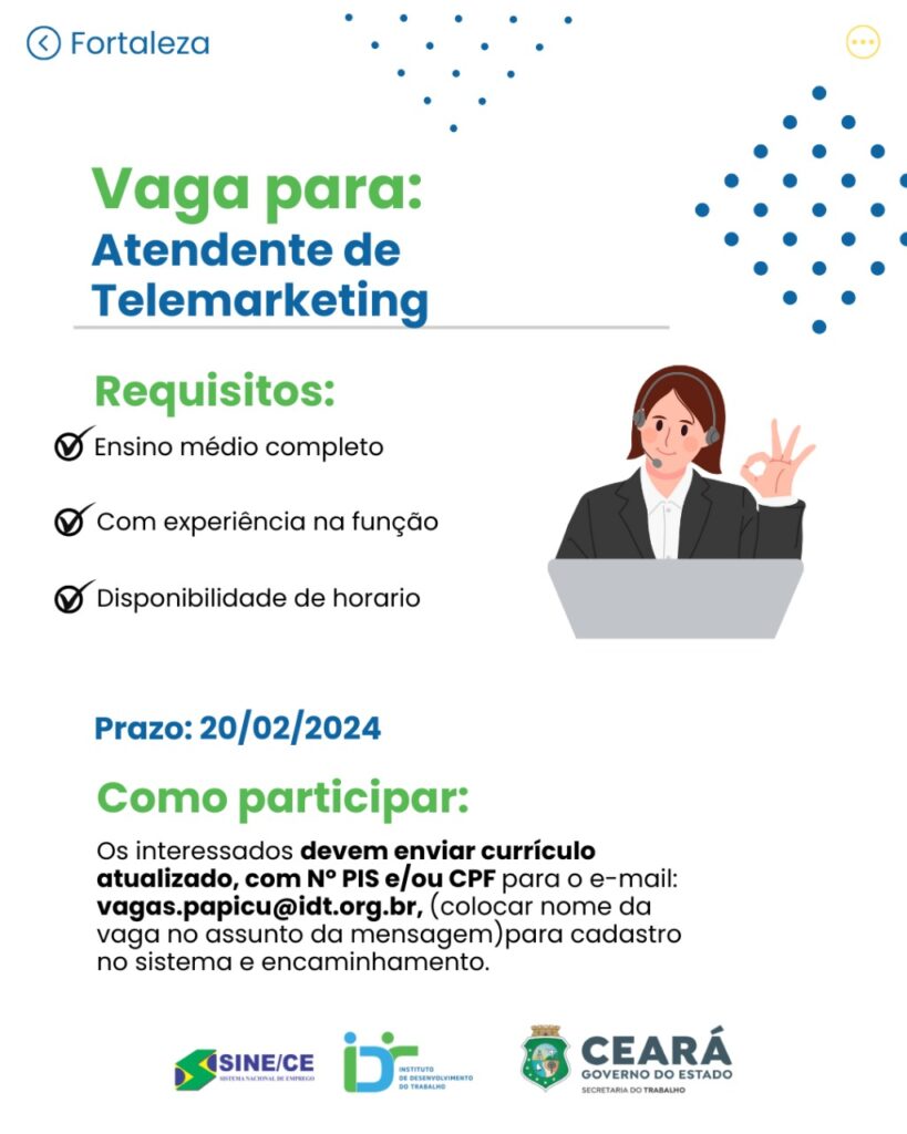 SINE IDT Seleciona Atendente De Telemarketing (Fortaleza) – Vagas De ...