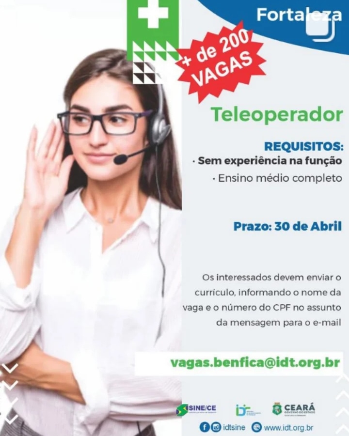 10001762901115476820436078043 200 Vagas para Teleoperadores até 30/04/24