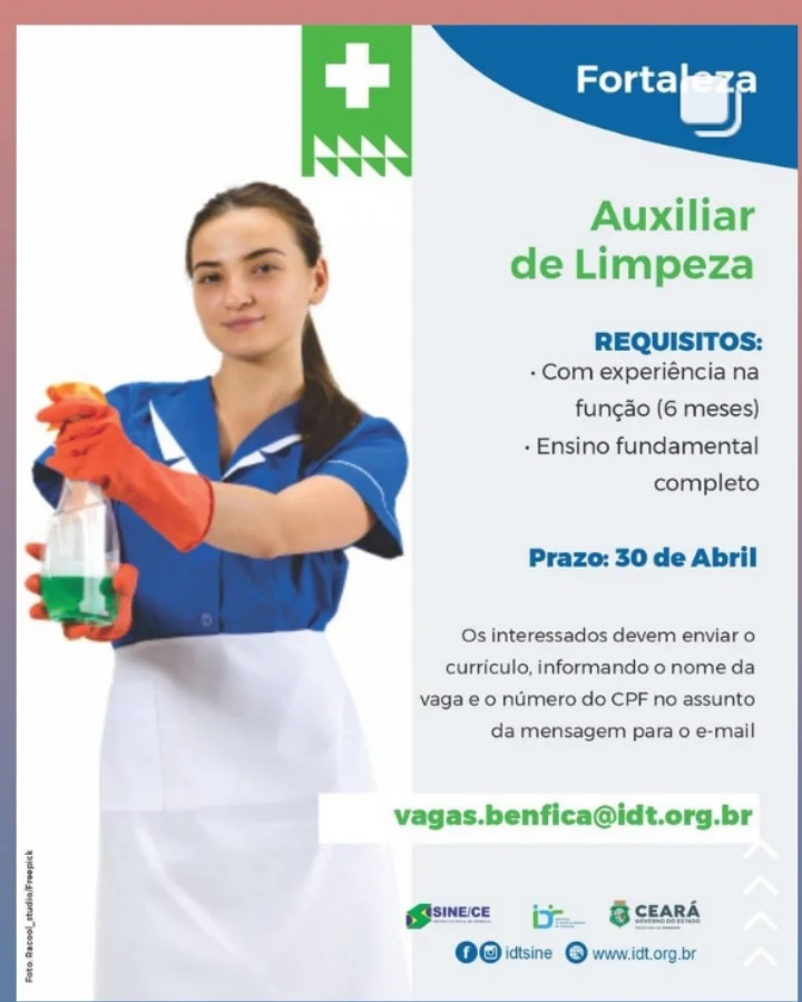 10001762946511255648256318972 Vaga para Auxiliar de Limpeza até 30/04/24