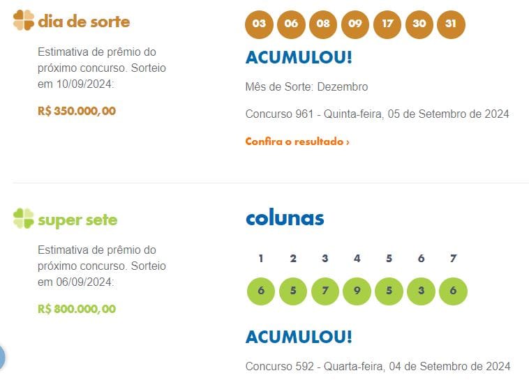 8 Confira os últimos resultados das Loterias Caixa 05/09/24 Resultado Loterias Caixa  