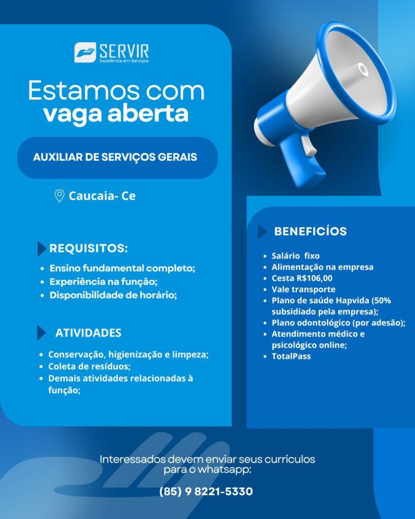 img-20260128-wa00592987578815169023589-819x1024 Vaga para Auxiliar de Serviços Gerais - Caucaia Auxiliar de Serviços Gerais Caucaia  