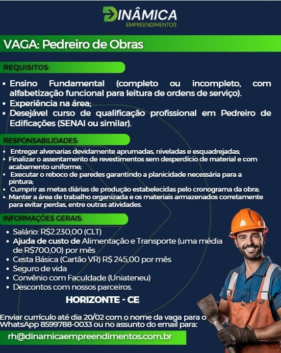 img-20260212-wa01815833928324582812170 Dinâmica Empreendimentos Contrata Pedreiro Pedreiro  