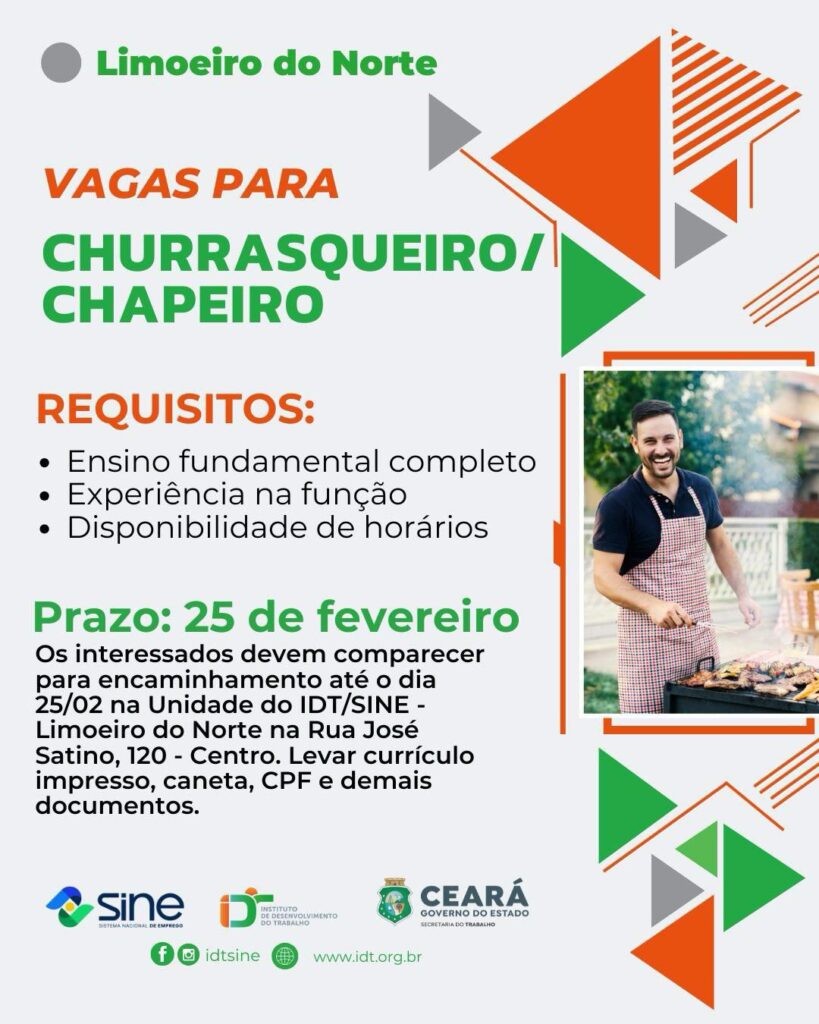 img_20260219_211101_2382088573637728565981-819x1024 Vagas para Churrasqueiro/Chapeiro - Limoeiro do Norte até 25/02/26 Chapeiro Churrasqueiro Limoeiro do Norte  