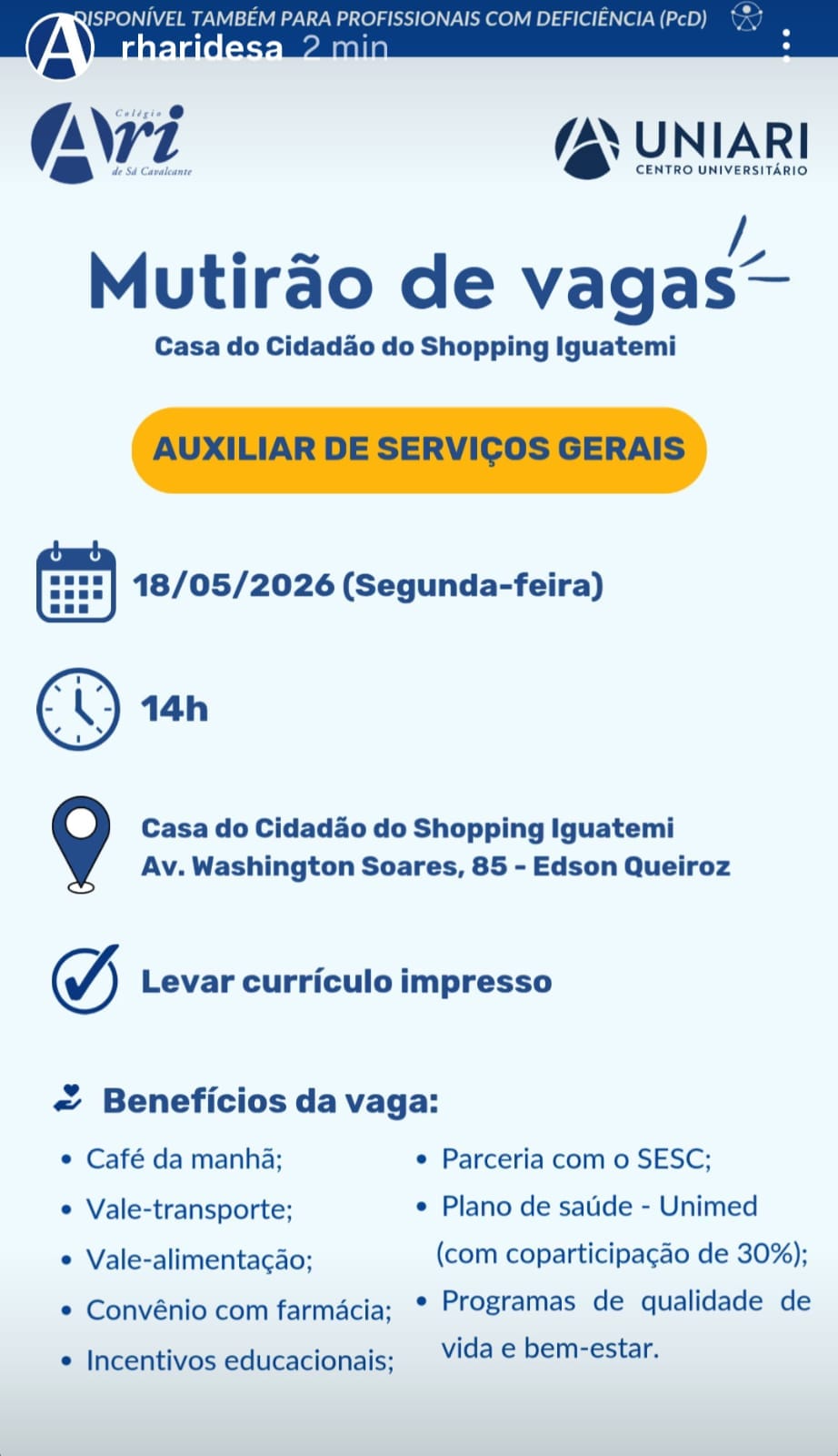 IMG-20260516-WA0137 Mutirão de Vagas Para Serviços Gerais 18/05/26 as 14hs Auxiliar de Serviços Gerais Multirão de Vagas  