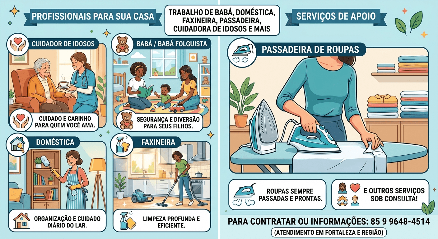 Contratar baba, doméstica, faxineira, baba folguista, passadeira de roupas, cuidadora de idosos em Fortaleza: Vagas de Emprego Disponíveis Doméstica